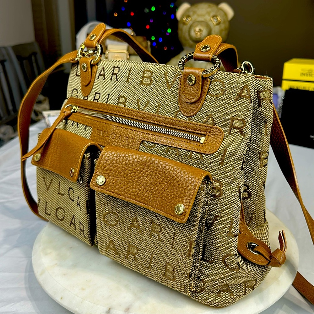 BVLGARI Logomania canvas &Leather Shoulder Tan/Brown - Multi Pocket